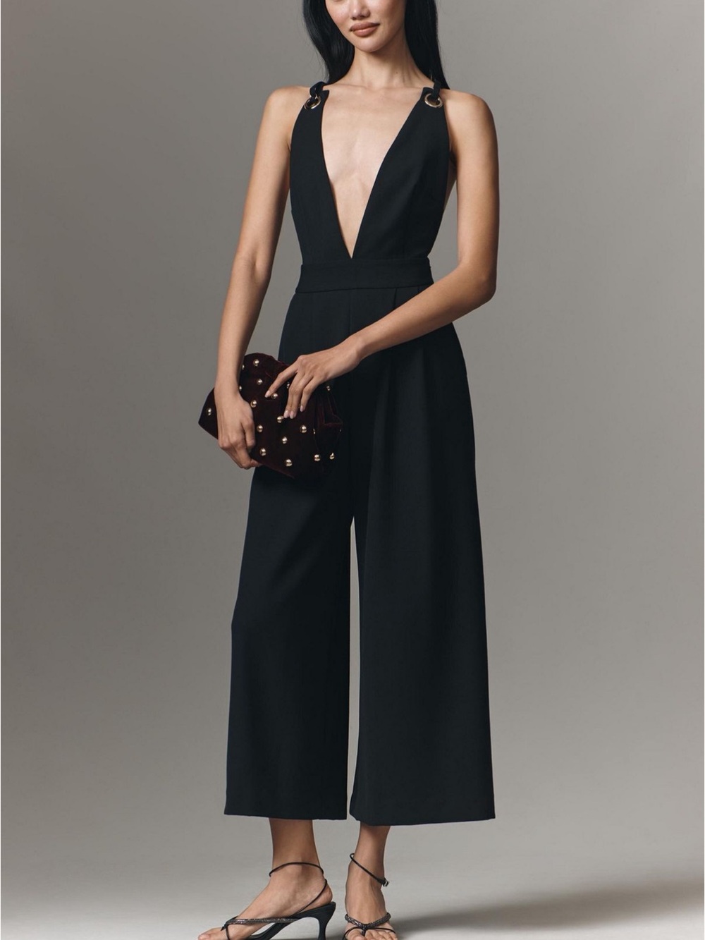 Anthropologie Maeve Sleeveless Plunging Deep-V Wide Leg Jumpsuit 10 TALL